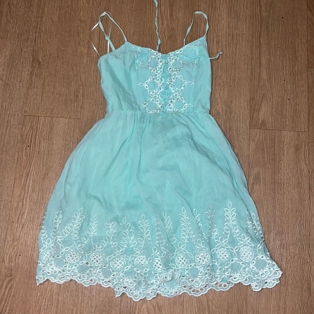 Guess turquoise sleeveless embroidered mini dress